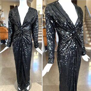 Oleg Cassini for Bergdorf Goodman Disco Era Black Sequin Plunging Evening Dress